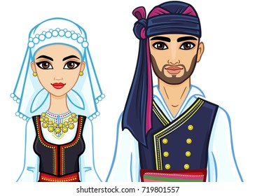 Animation portrait of family in ancient Greek suits. Vector illustration isolated on a white background.