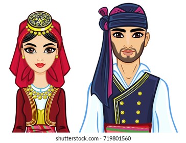 Animation portrait of family in ancient Greek suits. Vector illustration isolated on a white background.