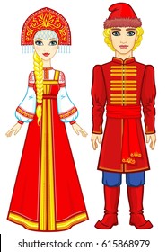 Animation portrait of a family in ancient Russian clothes. Fairy tale character. Full growth. Vector illustration isolated on a white background.