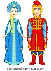 Animation Portrait Of A Family In Ancient Russian Clothes. Fairy Tale Character. Full Growth. Vector Illustration Isolated On A White Background.