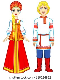 Animation portrait of a family in ancient Russian clothes.  Full growth. Vector illustration isolated on a white background.