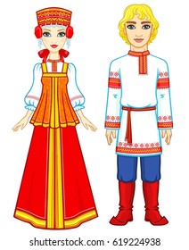 Animation portrait of a family in ancient Russian clothes.  Full growth. Vector illustration isolated on a white background.