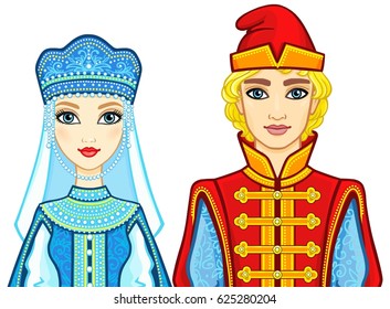 Animation portrait of a family in ancient Russian clothes. Vector illustration isolated on a white background.