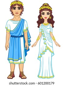 Animation portrait of a family in clothes of Ancient Greece. Full growth. The vector illustration isolated on a white background.