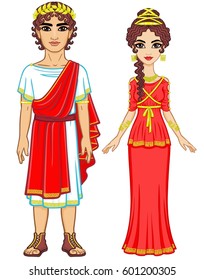 Animation portrait of a family in clothes of Ancient Greece. Full growth. The vector illustration isolated on a white background.