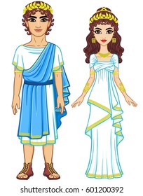 Animation portrait of a family in clothes of Ancient Greece. Full growth. The vector illustration isolated on a white background.