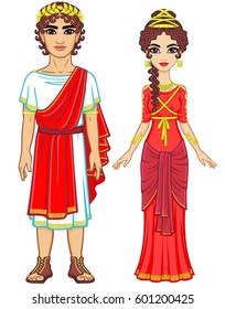 Animation portrait of a family in clothes of Ancient Greece. Full growth. The vector illustration isolated on a white background.