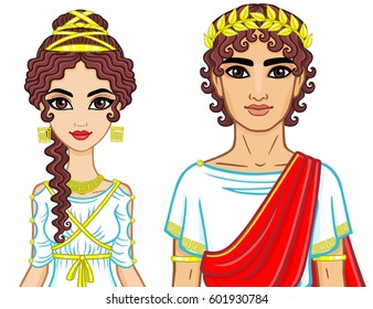 Animation portrait of a family in clothes of Ancient Greece. The vector illustration isolated on a white background.