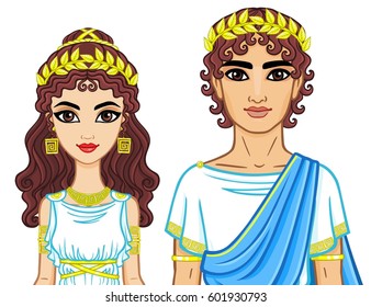 Animation portrait of a family in clothes of Ancient Greece. The vector illustration isolated on a white background.