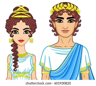 Animation portrait of a family in clothes of Ancient Greece. The vector illustration isolated on a white background.