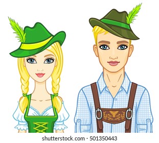 Animation portrait of a family of the European appearance in ancient Bavarian clothes. The vector illustration isolated on a white background.