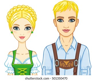 Animation portrait of a family of the European appearance in ancient Bavarian clothes. The vector illustration isolated on a white background.