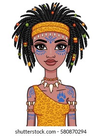 Animation portrait of the girl  amazon. Vector illustration isolated on a white background.
