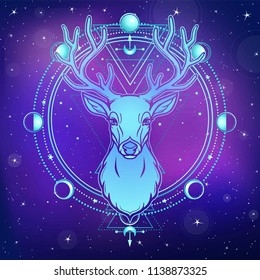 Animation portrait of a horned deer - spirit of the wood. Pagan deity. Circle of sacred geometry, phase of the moon. Vector illustration. Background - the night star sky. Mystic, esoteric, occult.