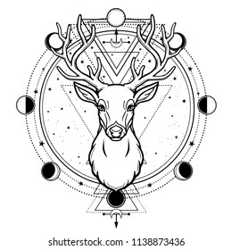 Animation portrait of a horned deer - spirit of the wood. Pagan deity. Circle of sacred geometry, phase of the moon. Black vector illustration isolated on a white background. Print, potser, t-shirt.