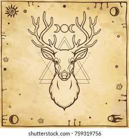 Animation portrait of a horned deer - spirit of the wood. Pagan deity. A background - imitation of old paper, esoteric symbols. Vector illustration.