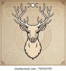 Animation portrait of a horned deer - spirit of the wood. Pagan deity. A background - imitation of old paper, moon symbols. Vector illustration. Print, poster, t-shirt, card.