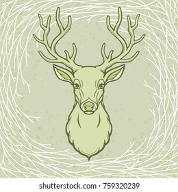 Animation portrait of a horned deer. Wood spirit, pagan deity. A background - a circle of wood branches. Vector illustration.