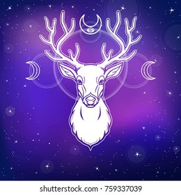 Animation portrait of a horned deer - a wood spirit, the pagan deity, the defender of the nature. A background - the night star sky. Vector illustration. Print, potser, t-shirt, card.