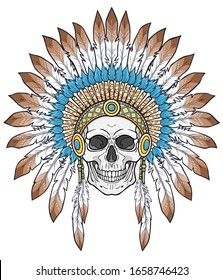 Animation portrait: human skull  in ancient American Indian head dress. Color drawing. Vector illustration isolated on a white background. Print, poster, T-shirt, postcard.