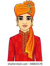 Animation portrait of the Indian man.  Isolated on a white background.