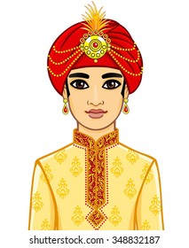 Animation portrait of the Indian man.  Isolated on a white background.