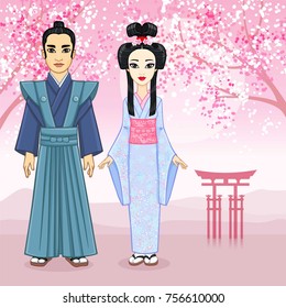 Animation portrait of Japanese family in ancient clotes. Geisha, Maiko, Samurai. Full growth. A background - a mountain landscape, the blossoming Oriental cherry, sacred gate. Vector illustration.