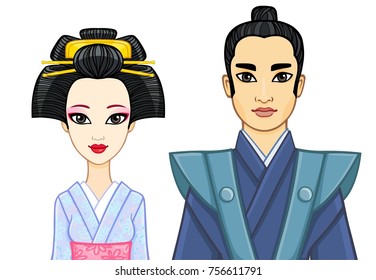 Animation portrait of Japanese family in ancient clotes. Geisha, Maiko, Samurai. Vector illustration isolated on a white background.