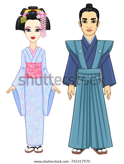 Animation Portrait Japanese Family Ancient Clothes Stock Vector ...