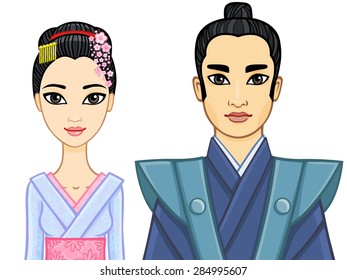 Animation portrait of a Japanese family. Geisha and Samurai. Isolated on a white background.
