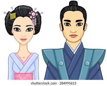 Animation portrait of a Japanese family. Geisha and Samurai. Isolated on a white background.