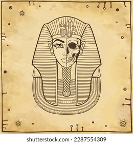 Animation portrait: King Tutankhamun mask, ancient Egyptian pharaoh. Half of the face is a skull. Background - imitation old paper. Vector illustration.