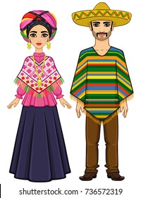 Animation portrait of the Mexican family in ancient festive clothes. Full growth. Vector illustration isolated on a white background.