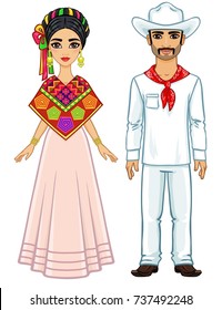 Animation portrait of the Mexican family in ancient festive clothes. Full growth. Vector illustration isolated on a white background.