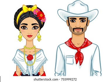 Animation portrait of the Mexican family in ancient clothes. The vector illustration isolated on a white background.