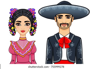 Animation portrait of the Mexican family in ancient clothes. The vector illustration isolated on a white background.