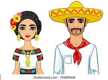 Animation portrait of the Mexican family in ancient clothes. The vector illustration isolated on a white background.