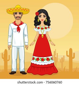 Animation portrait of the Mexican family in ancient clothes. Full growth. A background - a landscape the desert a cactus. Vector illustration.