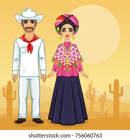 Animation portrait of the Mexican family in ancient clothes. Full growth. A background - a landscape the desert a cactus. Vector illustration.