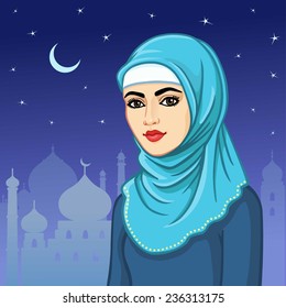 Animation portrait of the Muslim woman in a hijab on a background of the night city.