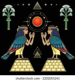 Animation portrait: mystical birds with head of a woman and  body of a falcon. View profile. Pyramid symbol, sacred sun, sacred sun, papyrus flowers. Vector illustration isolated on a  black backgroun