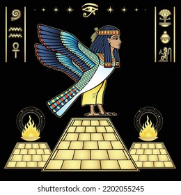 Animation portrait: mystical goddess of ancient Egypt with head of a woman and body of a falcon. View profile. Pyramid symbol, Ritual fire, hieroglyphs. Vector illustration isolated on a black 