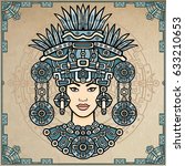 Animation portrait of the pagan goddess  based on motives of art Native American Indian.  Color decorative drawing. Vector illustration. Background - a decorative frame, a magic circle.