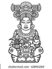 Animation portrait of the pagan goddess  based on motives of art Native American Indian. Monochrome linear drawing isolated on a white background. Vector illustration.