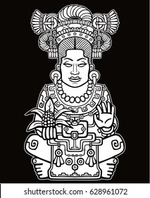 Animation portrait of the pagan goddess  based on motives of art Native American Indian. Monochrome drawing isolated on a black background. Vector illustration.