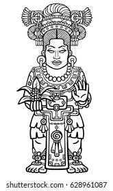 Animation portrait of the pagan goddess  based on motives of art Native American Indian. Monochrome linear drawing isolated on a white background. Vector illustration.