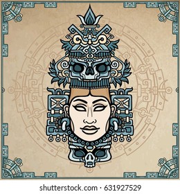 Animation portrait of the pagan goddess  based on motives of art Native American Indian.  Color decorative drawing. Vector illustration. Background - imitation of old paper, a magic circle.