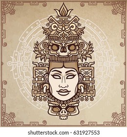 Animation portrait of the pagan goddess  based on motives of art Native American Indian.  Color decorative drawing. Vector illustration. Background - imitation of old paper, a magic circle.