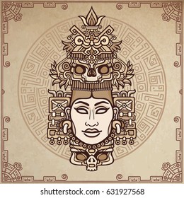 Animation portrait of the pagan goddess  based on motives of art Native American Indian.  Color decorative drawing. Vector illustration. Background - imitation of old paper, a magic circle.