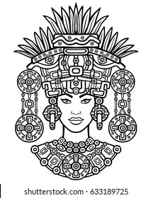 Animation portrait of the pagan goddess  based on motives of art Native American Indian.   Monochrome decorative drawing. Vector illustration isolated on a white background.